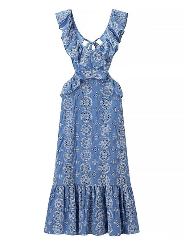 Robe longue grossesse tribal volants dos nu bleu
