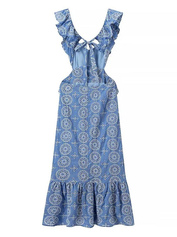Robe longue grossesse tribal volants dos nu bleu