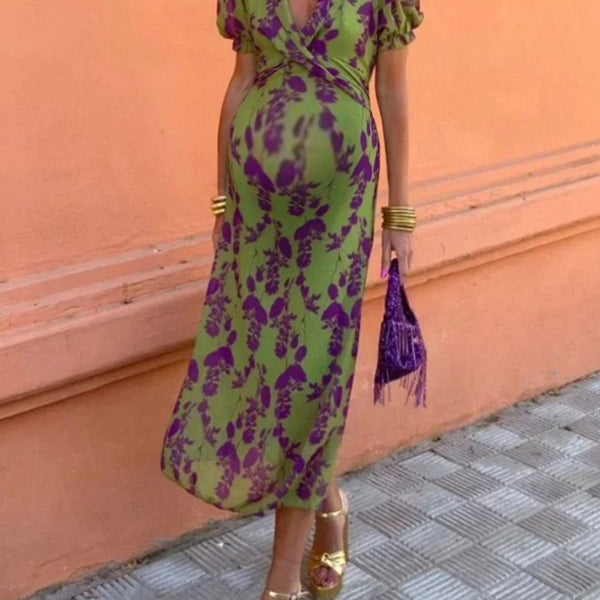Robe longue grossesse imprimé fleurie nœud vert