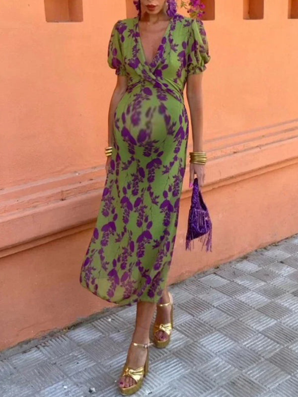 Robe longue grossesse imprimé fleurie nœud vert