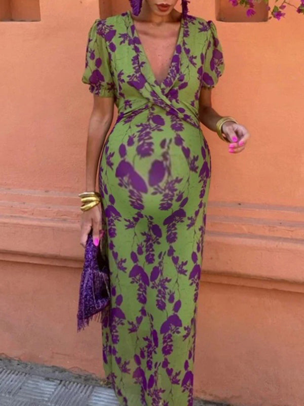 Robe longue grossesse imprimé fleurie nœud vert