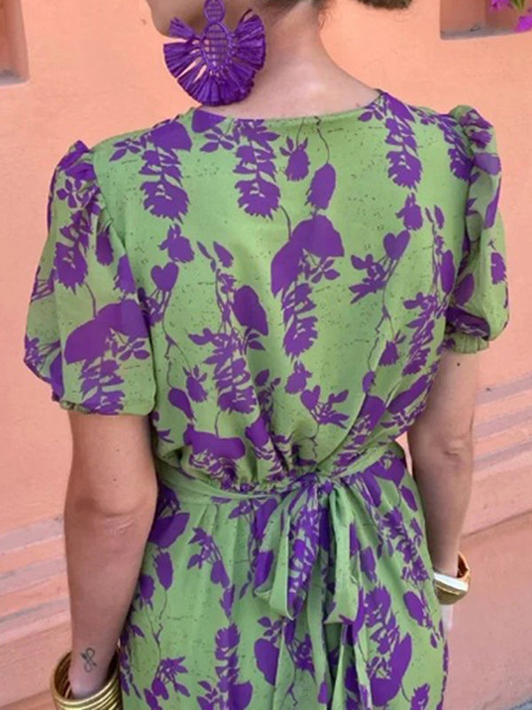 Robe longue grossesse imprimé fleurie nœud vert