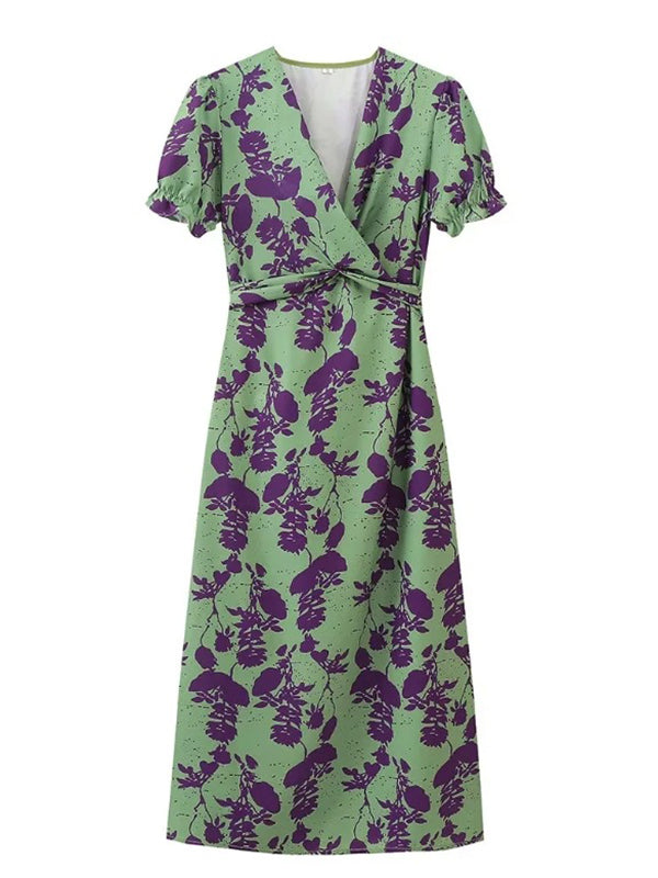 Robe longue grossesse imprimé fleurie nœud vert