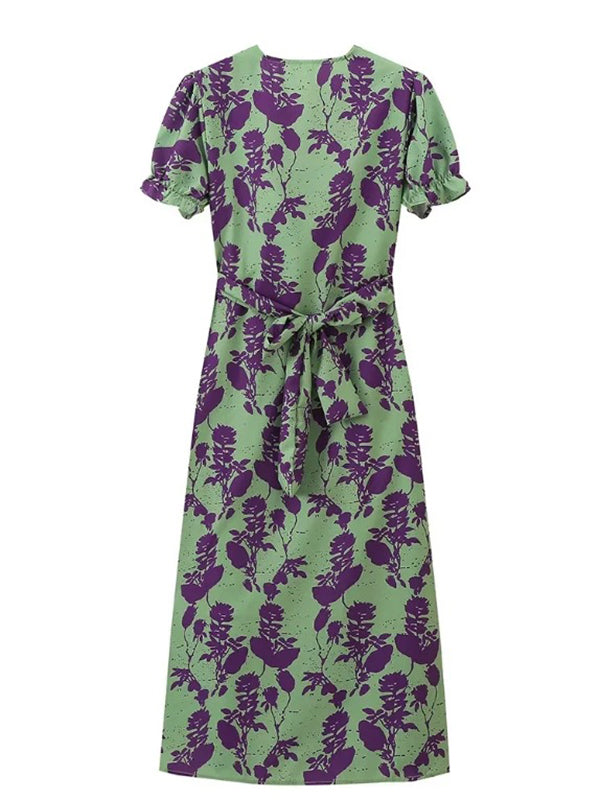 Robe longue grossesse imprimé fleurie nœud vert