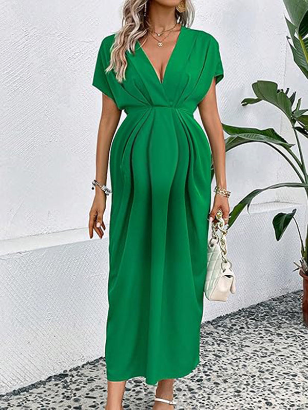 Robe longue grossesse nœud plissé vert