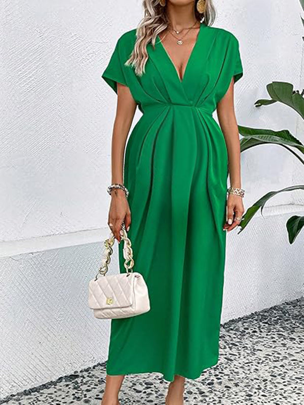 Robe longue grossesse nœud plissé vert