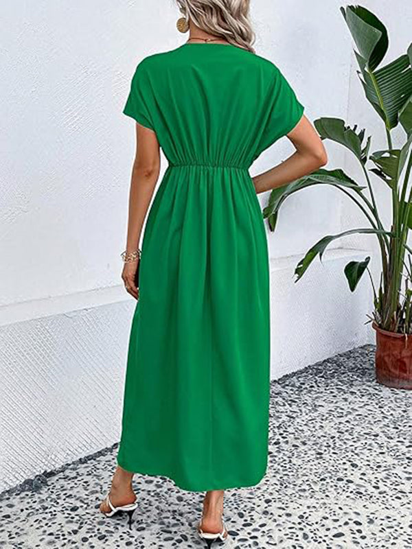 Robe longue grossesse nœud plissé vert