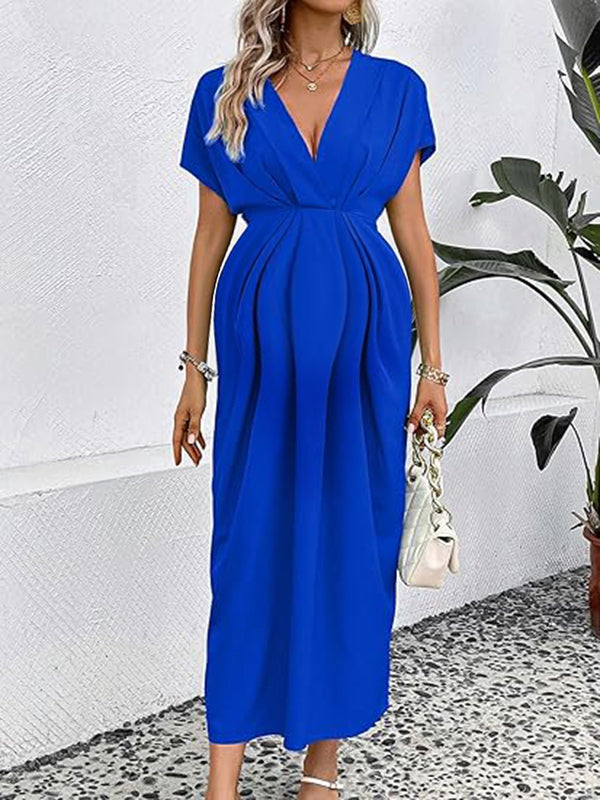 Robe longue grossesse nœud plissé bleu
