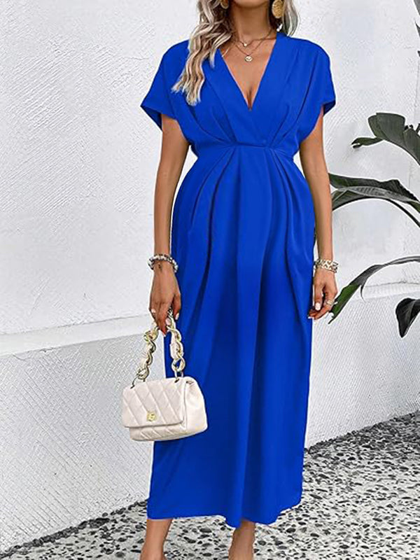 Robe longue grossesse nœud plissé bleu