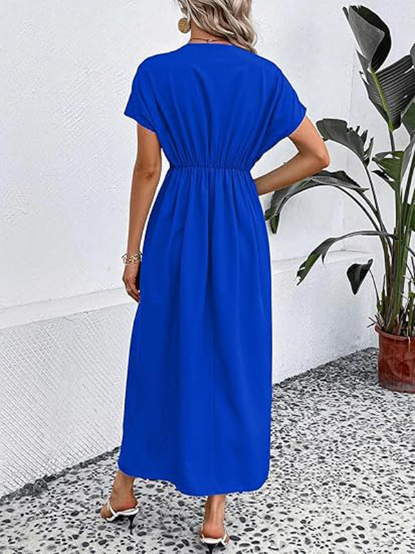 Robe longue grossesse nœud plissé bleu