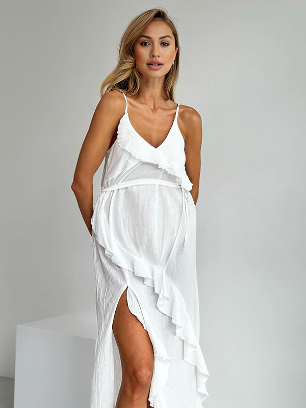 Robes longue grossesse volants ceinture fendu le côté blanche