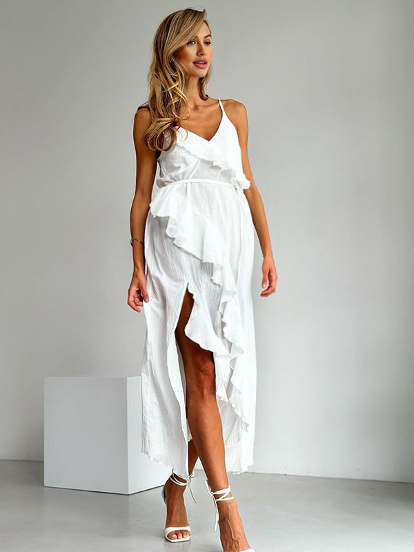 Robes longue grossesse volants ceinture fendu le côté blanche