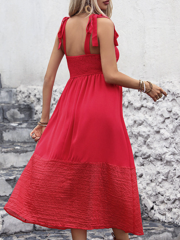 Robes longue grossesse strap plissé nœud papillon rouge