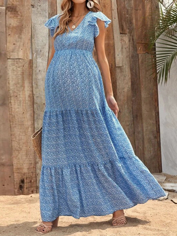 Robes longue grossesse imprimé fleurie volants bleu
