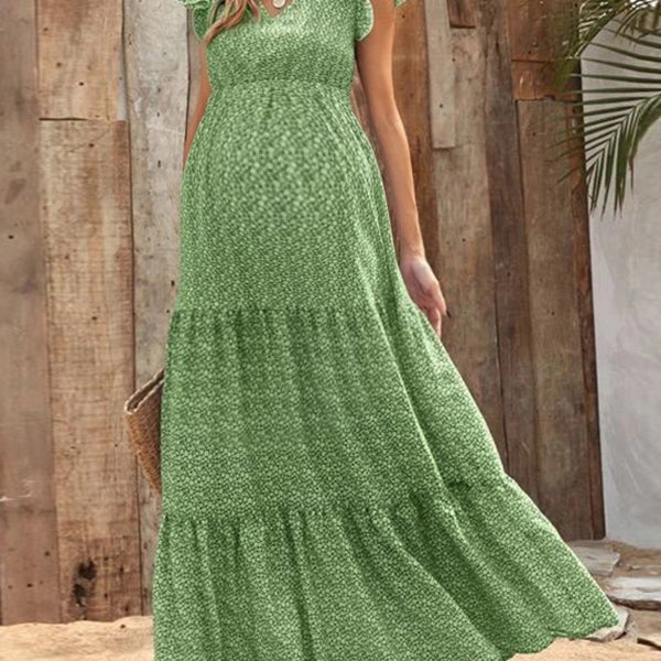 Robes longue grossesse imprimé fleurie volants vert
