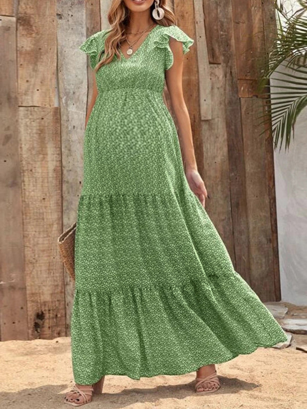 Robes longue grossesse imprimé fleurie volants vert