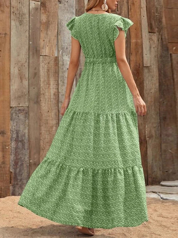 Robes longue grossesse imprimé fleurie volants vert