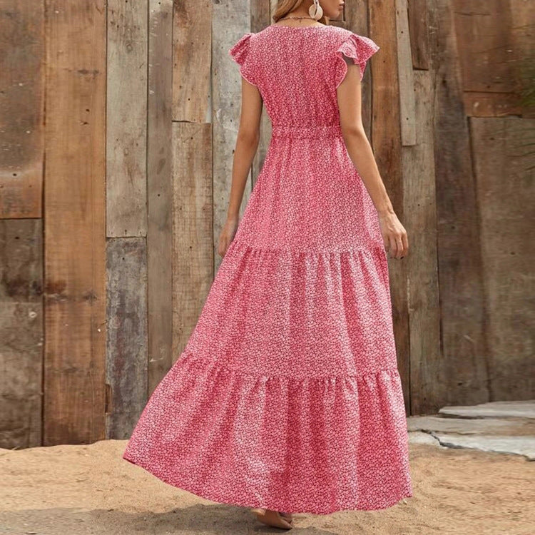 Robes longue grossesse imprimé fleurie volants rouge