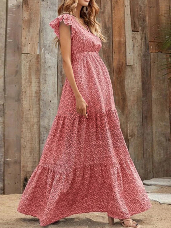 Robes longue grossesse imprimé fleurie volants rouge