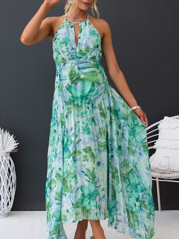 Robe longue grossesse imprimé fleurie fluide irrégulier vert