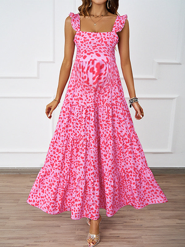 Robe longue grossesse imprimé fleurie dos nu strap rose