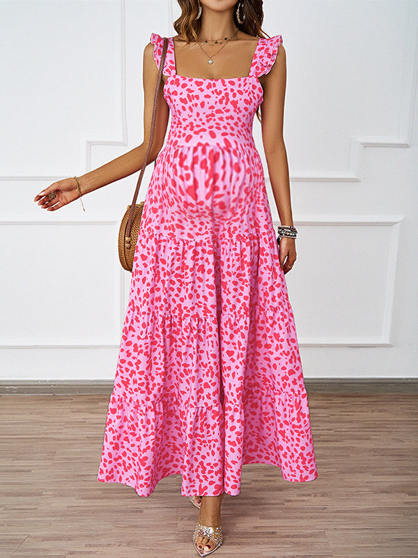 Robe longue grossesse imprimé fleurie dos nu strap rose
