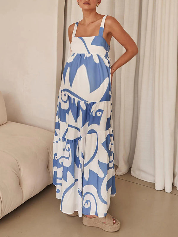 Robes longue grossesse imprimé fleurie épissage bleu