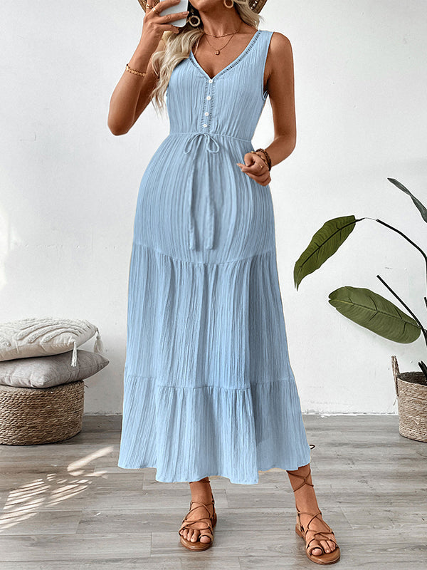 Robes longue grossesse nœud papillon plissé bleu clair