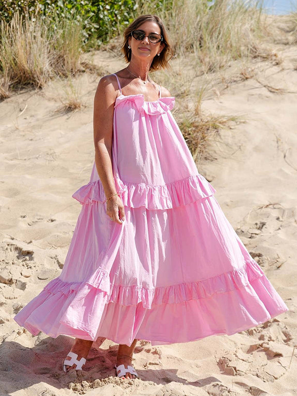 Robes longue grossesse ruchés froncées spaghettiträger rose poudré