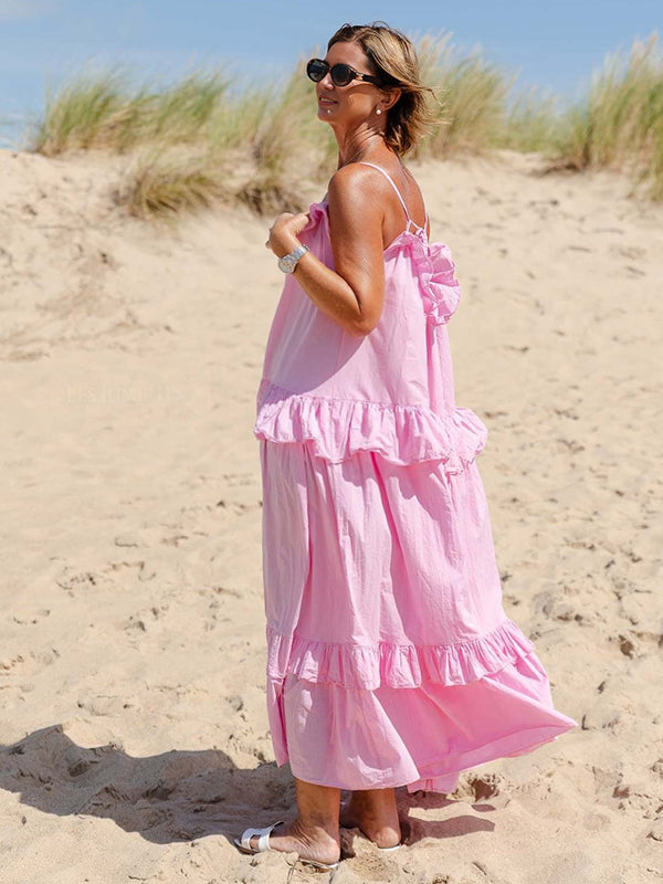 Robes longue grossesse ruchés froncées spaghettiträger rose poudré