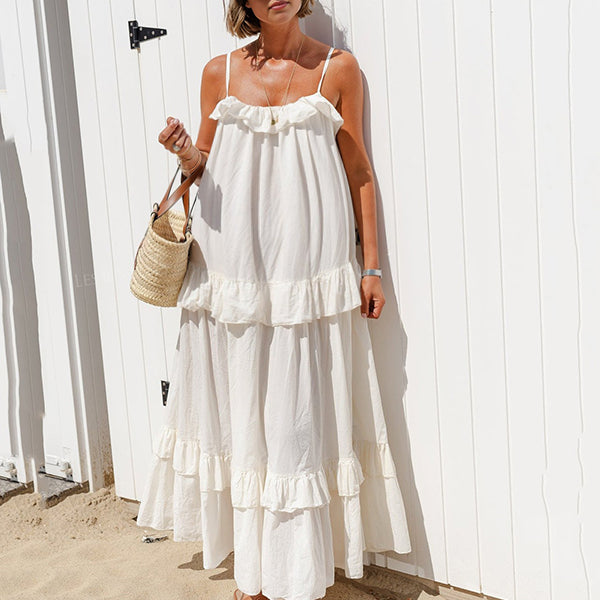Robes longue grossesse ruchés froncées spaghettiträger blanche