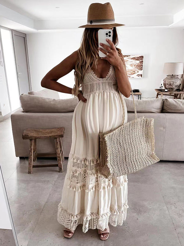 Robe longue grossesse dentelle frange abricot