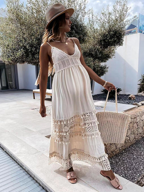 Robe longue grossesse dentelle frange abricot