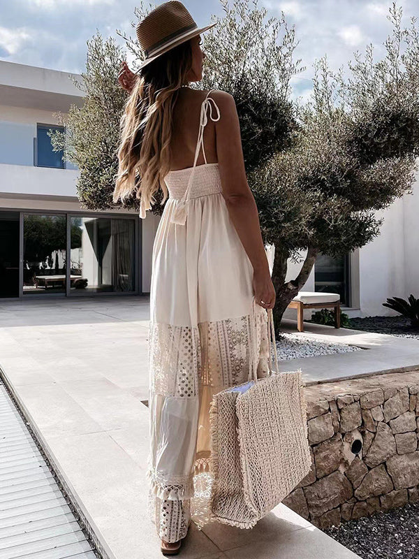 Robe longue grossesse dentelle frange abricot