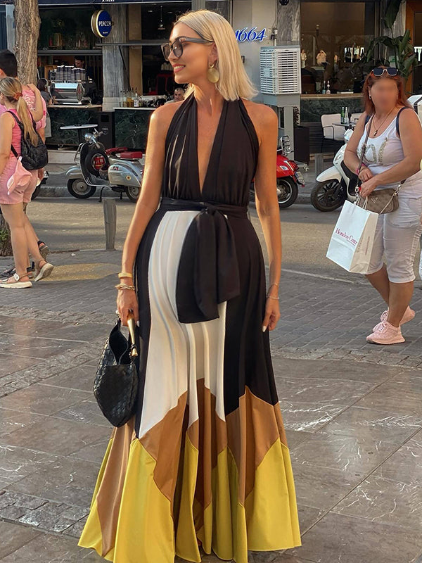 Robe longue grossesse couleur bloc ceinture dos nu noir