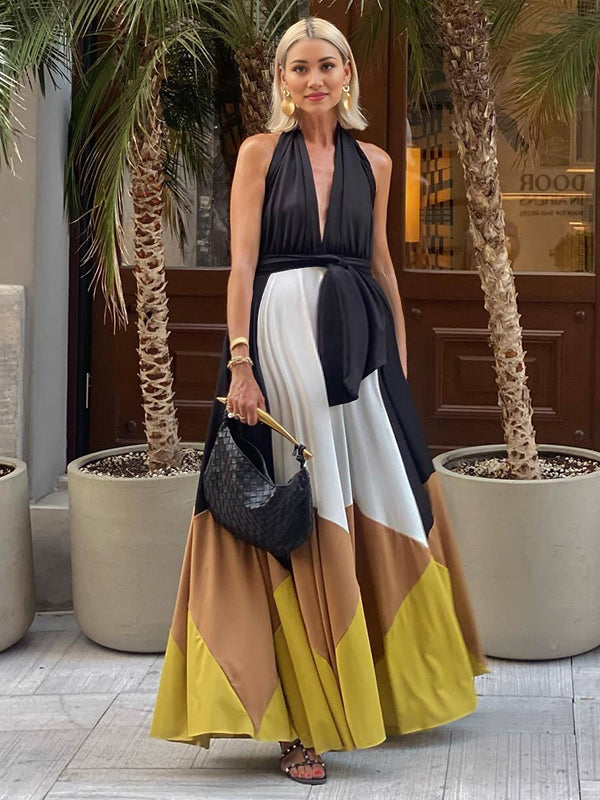 Robe longue grossesse couleur bloc ceinture dos nu noir