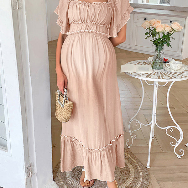 Robe longue grossesse volants dos nu rose