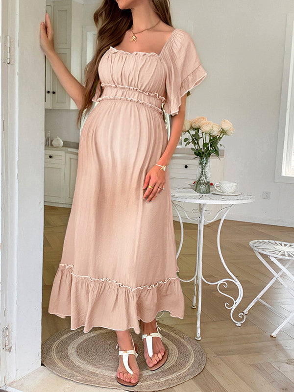 Robe longue grossesse volants dos nu rose
