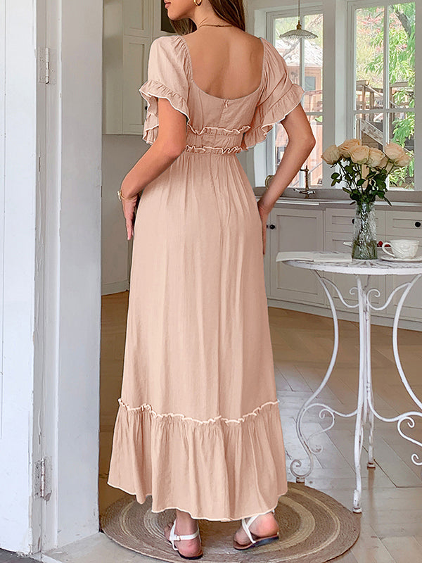 Robe longue grossesse volants dos nu rose