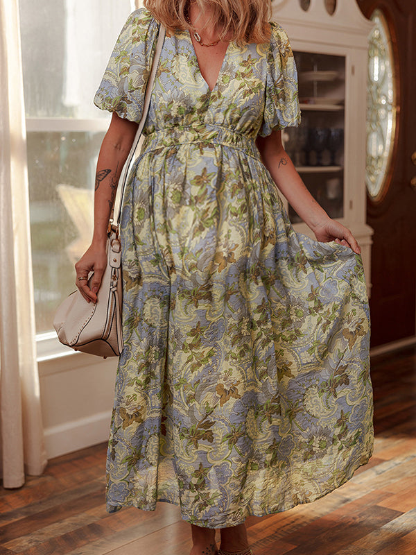 Robe longue grossesse imprimé fleurie trapèze vert