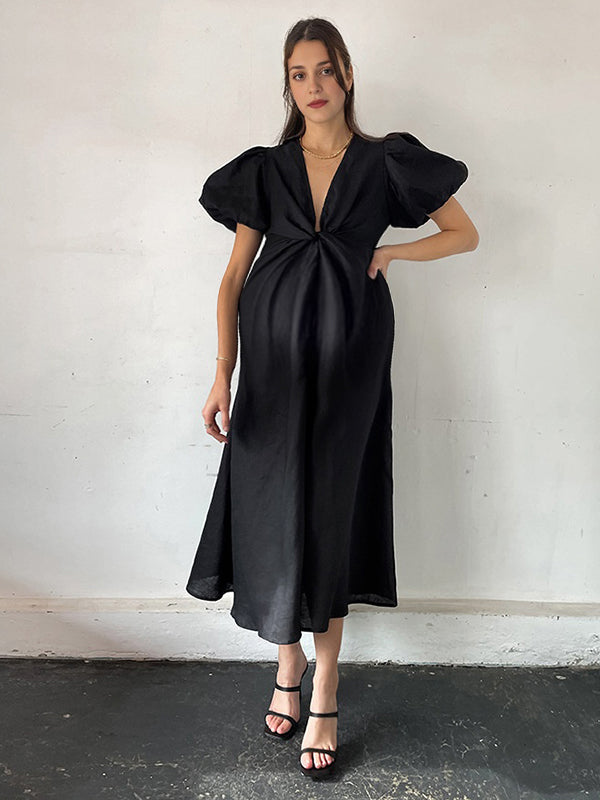Robe longue grossesse nœud trapèze noir