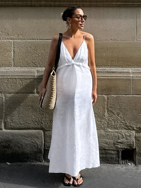 Robe longue grossesse ruchés froncées spaghettiträger blanche