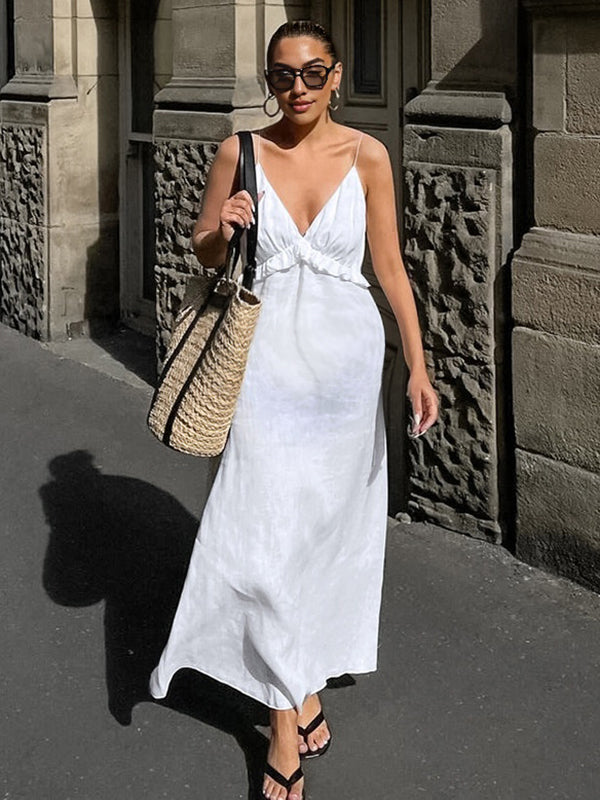 Robe longue grossesse ruchés froncées spaghettiträger blanche
