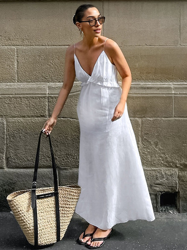 Robe longue grossesse ruchés froncées spaghettiträger blanche