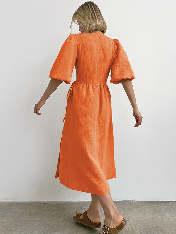 Robe portefeuille longue grossesse ceinture fendu le côté orange