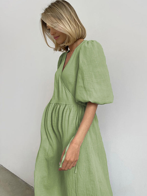 Robe portefeuille longue grossesse ceinture fendu le côté vert