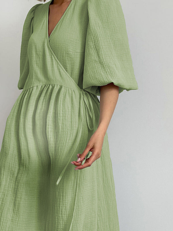 Robe portefeuille longue grossesse ceinture fendu le côté vert