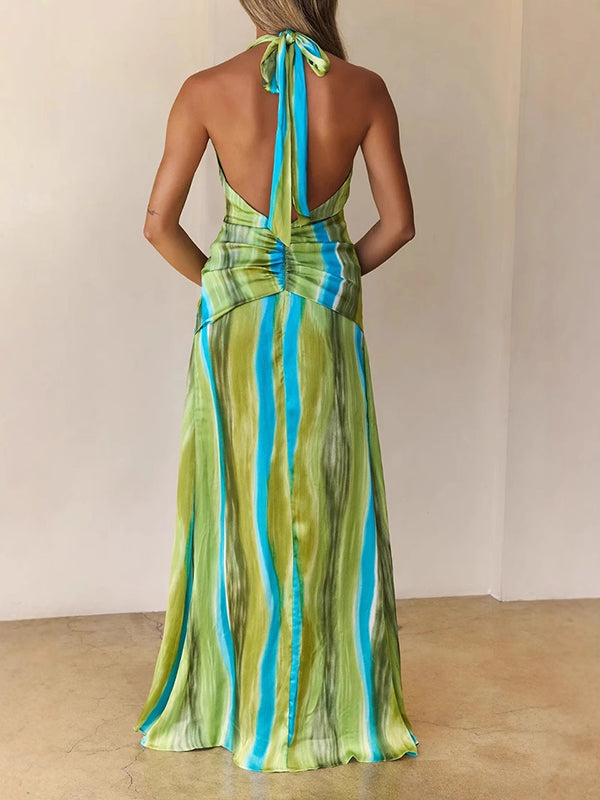 Robe longue grossesse rayé ceinture fendu le côté vert