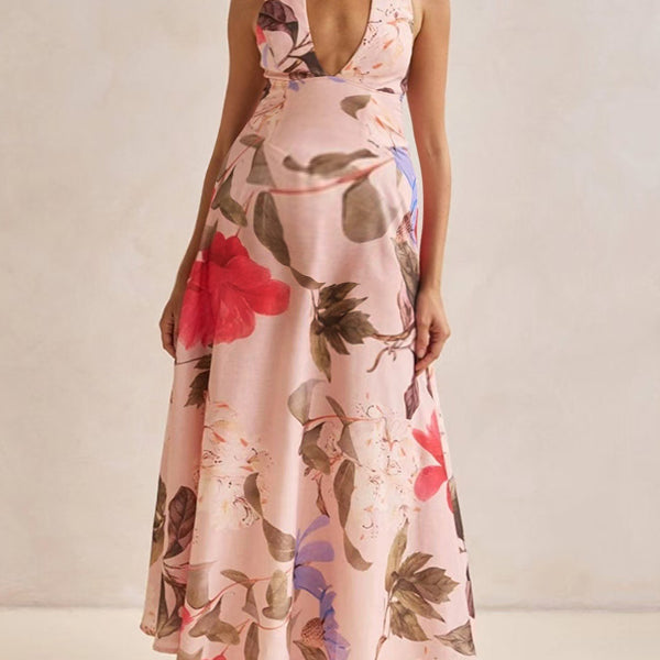 Robe longue grossesse imprimé fleurie ceinture rose poudré