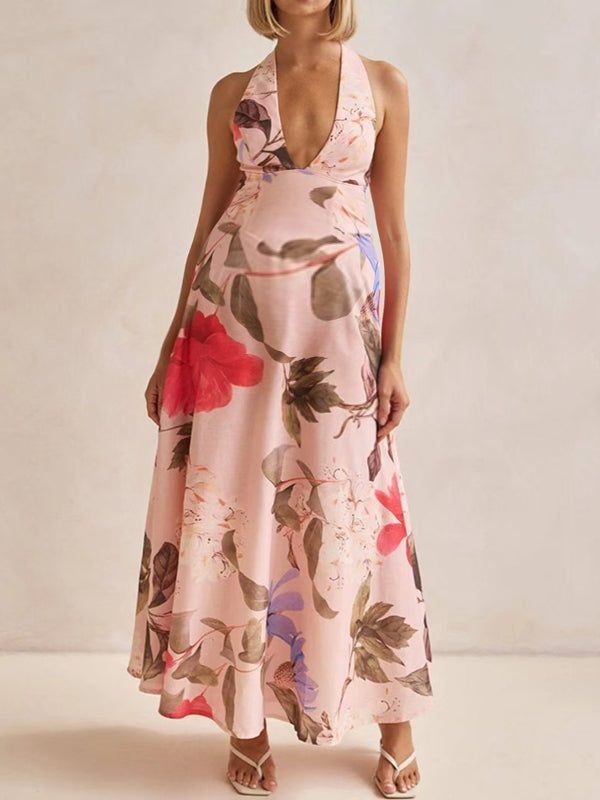 Robe longue grossesse imprimé fleurie ceinture rose poudré